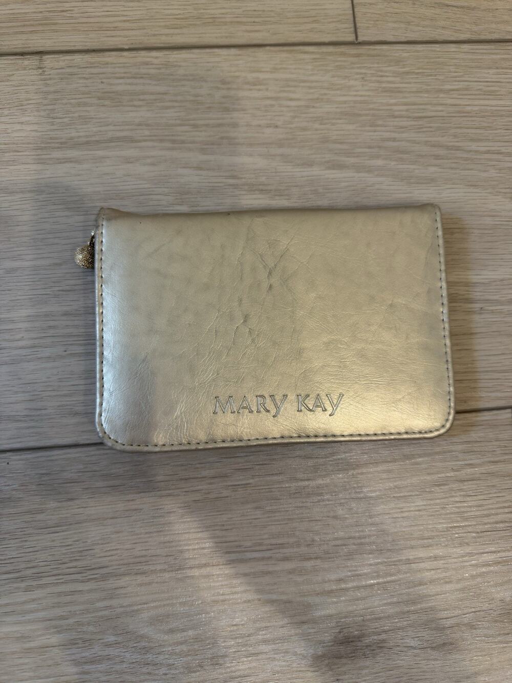 Mary Kay Gold Zip Around Cosmetic Case Organizer W/ Mirror 5.75x4”
